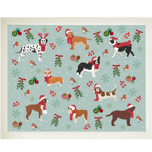 Christmas dogs lap tray with a cream frame