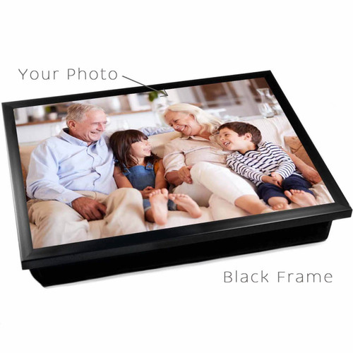 Personalised photo lap tray with black frame and black cushion