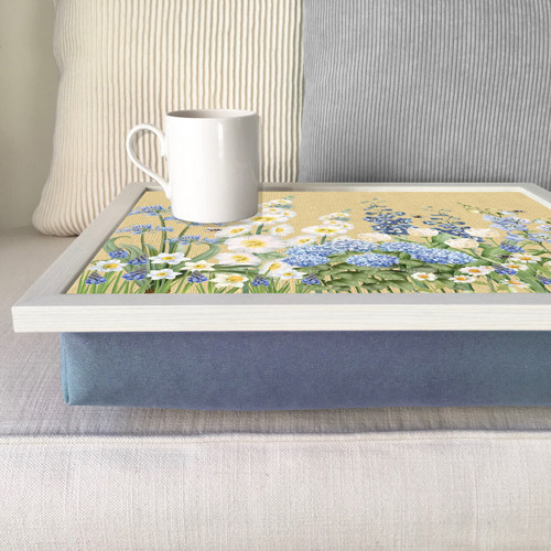 flower garden lap tray with cream frame and blue cushion