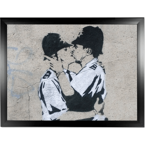 Banksy kissing coppers lap tray with black frame