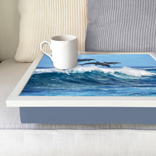 dolphin lap tray with cream frame and blue cushion