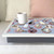 Cats on Mats blue lap tray with cream frame and grey cushion styled