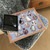Cats on Mats blue lap tray with wood frame pictured with tablet on top of it