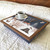 woodland animal lap tray with blue cushion and wood frame