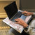 cherry blossom lap tray with silver frame being used with a laptop
