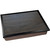 dark wood lap tray with black frame and brown cushion