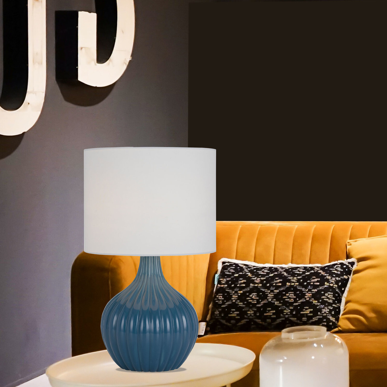 Narva Blue Ribbed Ceramic Table Lamp - Zest Lighting