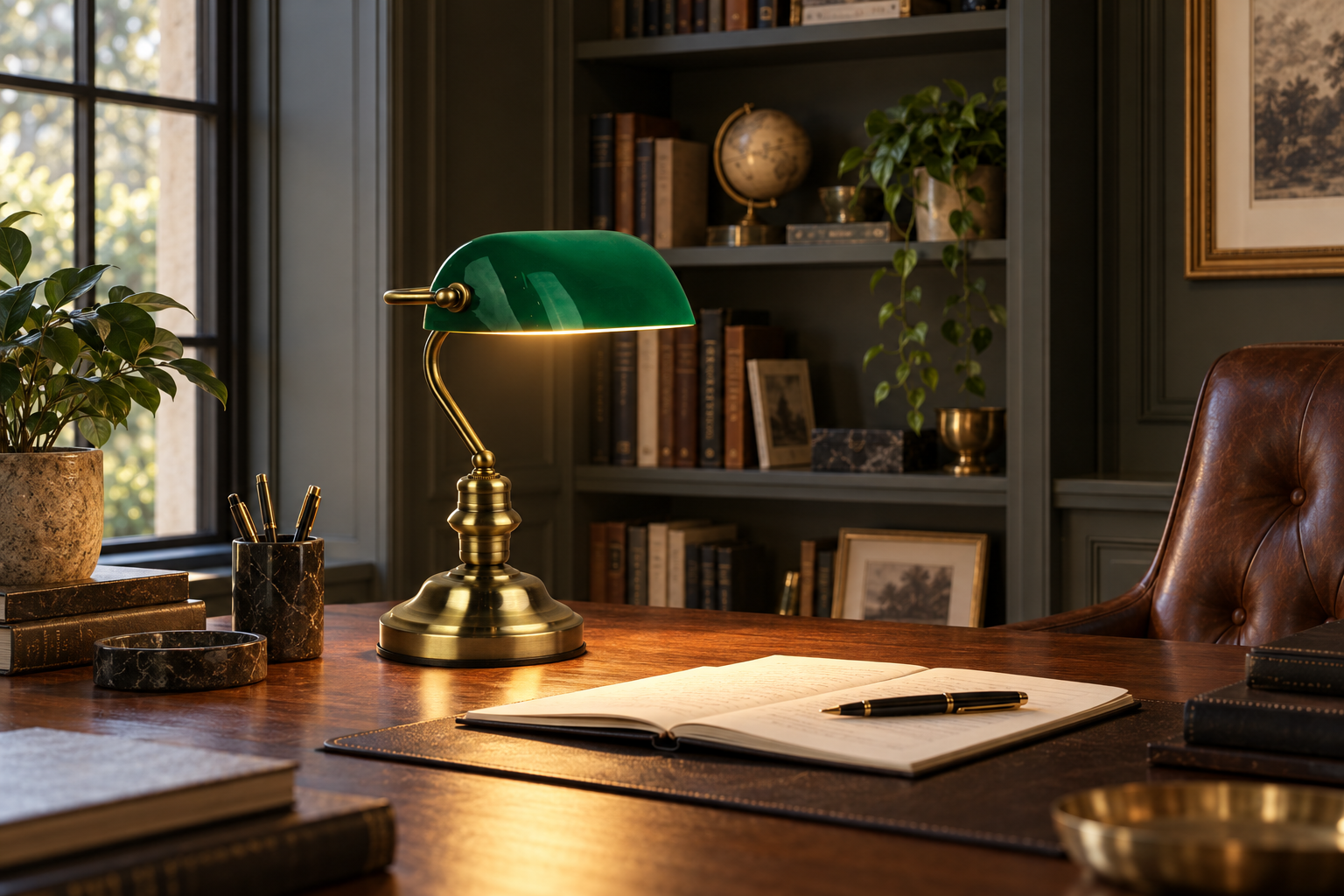 Bankers Antique Brass and Gloss Green Touch Desk Lamp