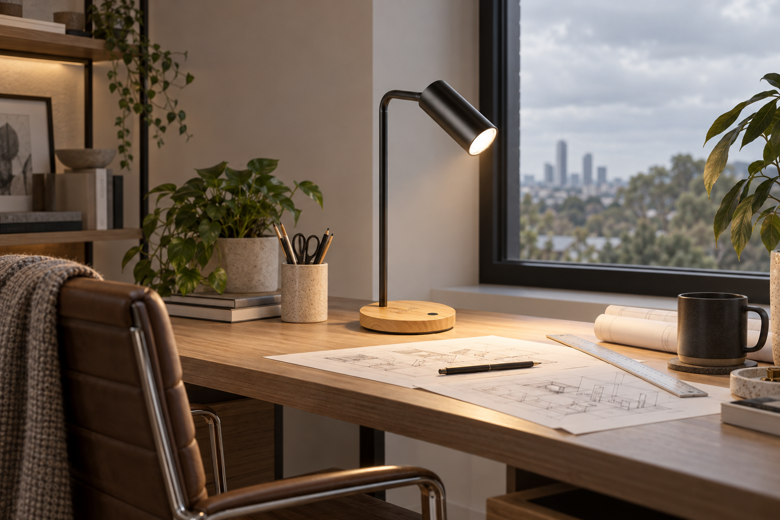 Connor Black LED Wooden Desk Lamp with Wireless Charger