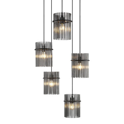 Quincy Smoke Glass Black Quintuple Lights Cluster Pendant