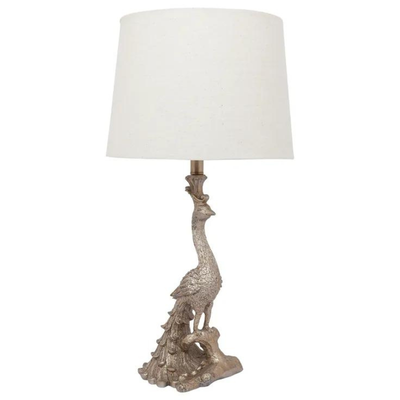 Peacock Table Lamp - Champagne Gold with natural linen shade