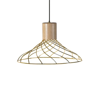 Renong Wide Gold Metal Cage and Wood Top Pendant Light