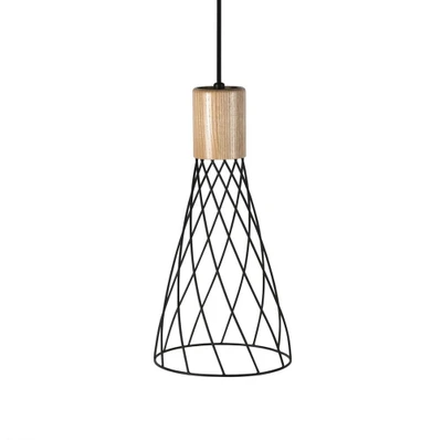 Renong Tall Black Metal Cage and Wood Top Pendant Light