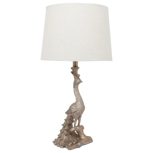 Peacock Table Lamp - Champagne Gold with natural linen shade