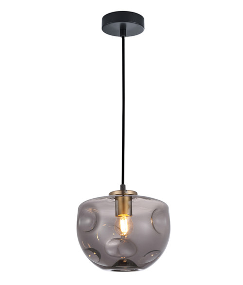 Dimpled Smoke Glass Brass Flat Top Dome Pendant Light