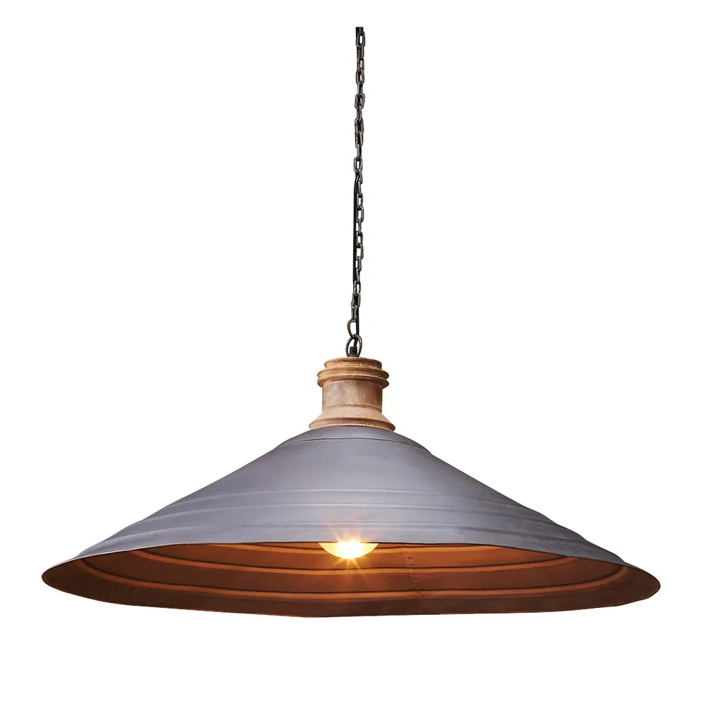Hugo Antique Zinc and Wood Wide Cone Pendant