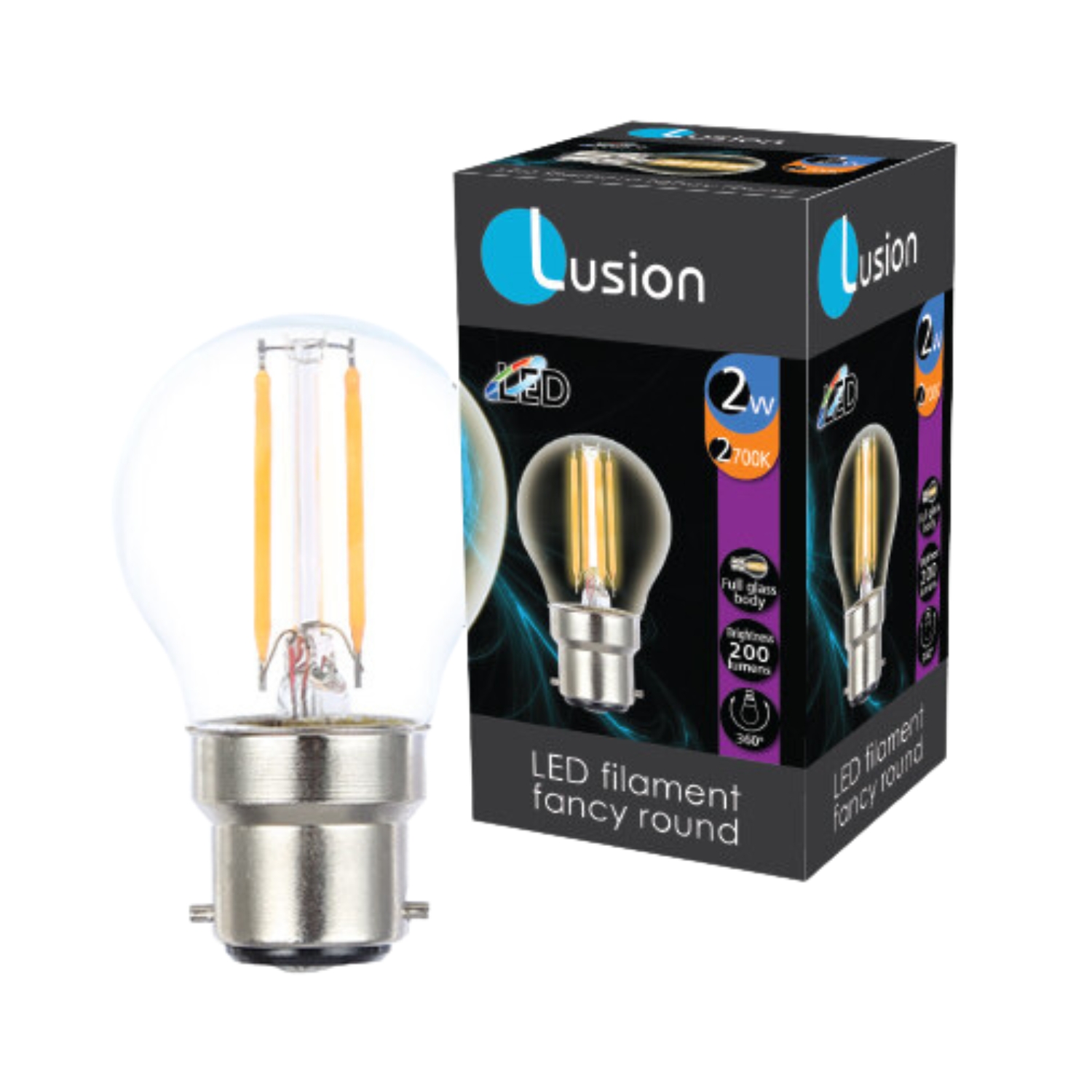 2W Clear Fancy Round Filament Warm White B22 LED Bulb