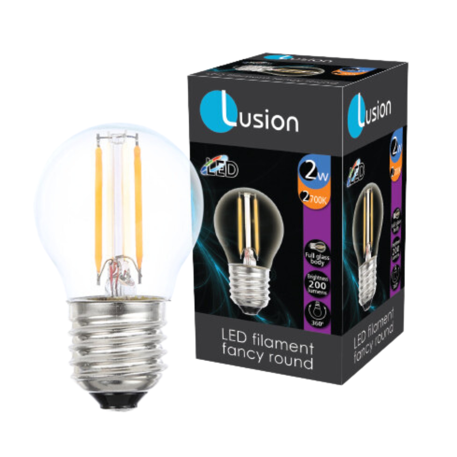 2W Clear Fancy Round Filament Warm White E27 LED Bulb