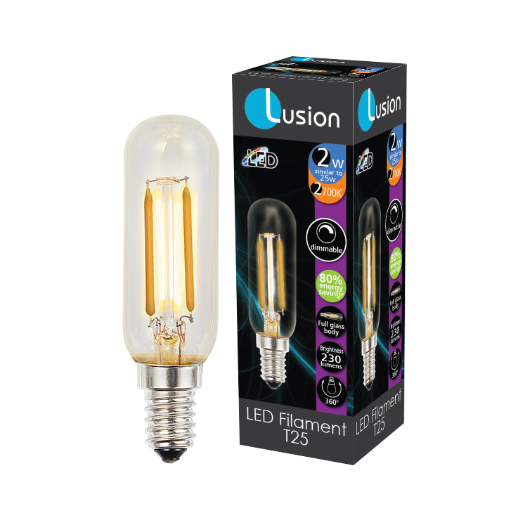 2W Tubular Dimmable Clear Glass Warm White E14 T25 LED Bulb