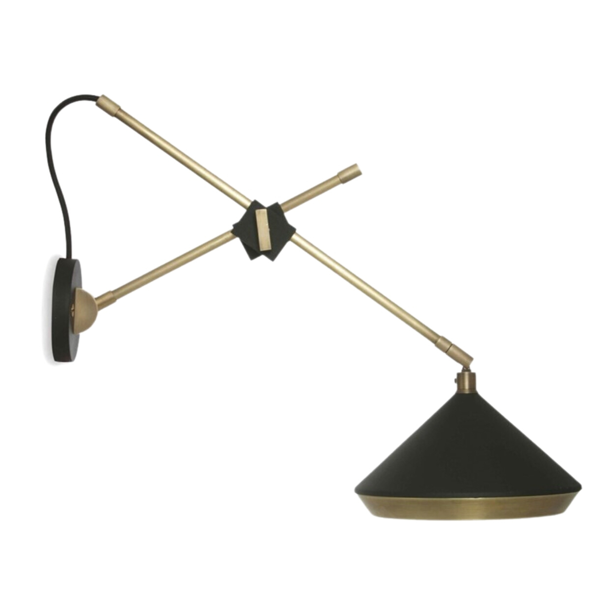 Adjustable Conical Black Shade Gold Arm Wall Light