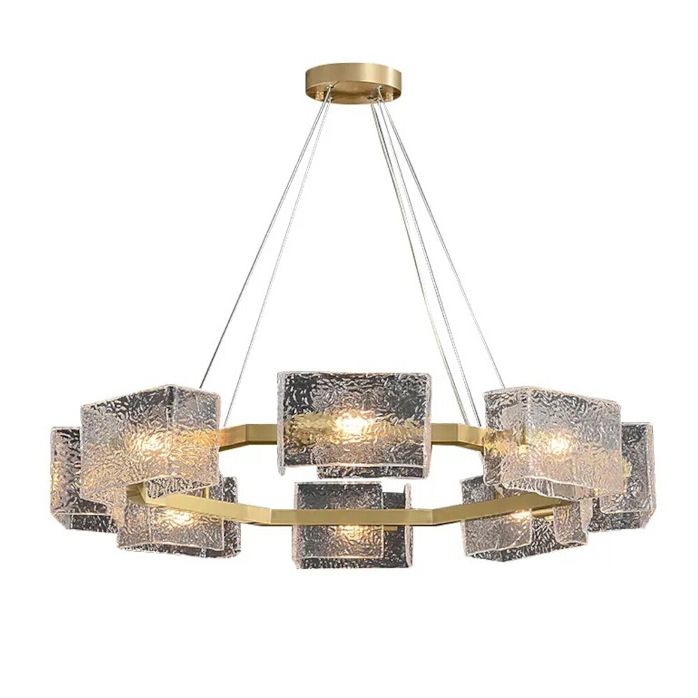 Eleanor 8 Light Corrugated Glass Brass Ring Chandelier