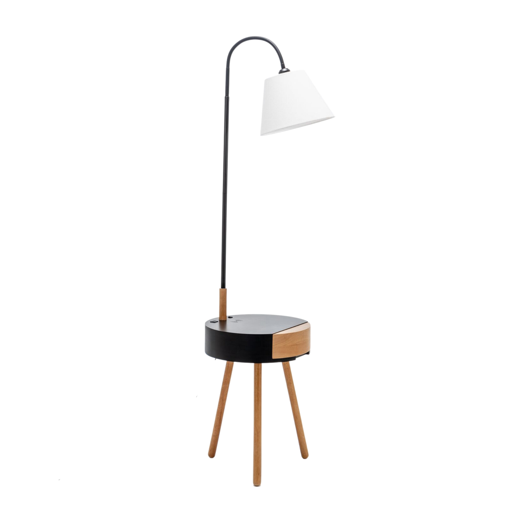 Ingrid Matt Black Rubberwood Tray Floor Lamp with Drawer