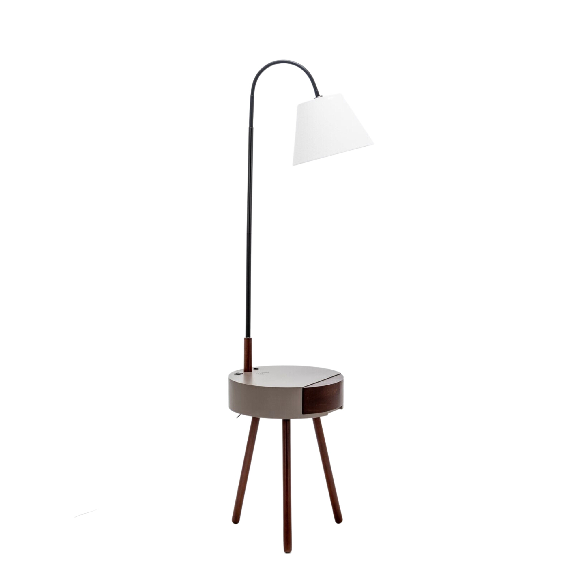 Ingrid Steel Grey Rubberwood Tray Floor Lamp with Drawer