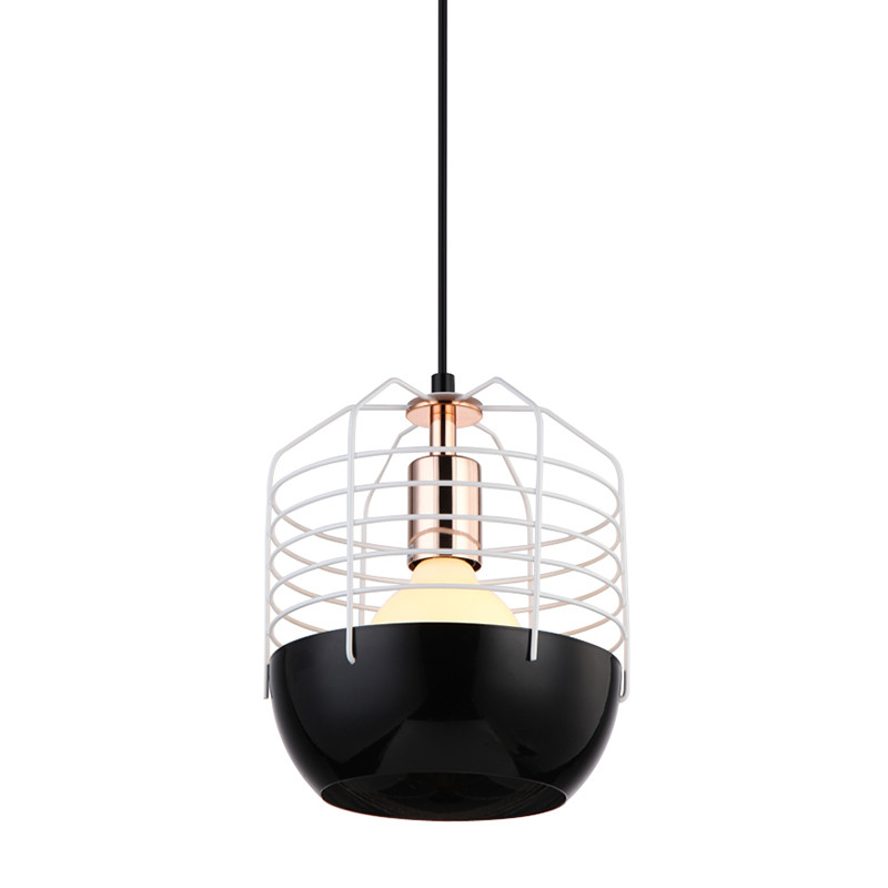 Small Black Base White Wire Cage Refined Industrial Pendant Lamp