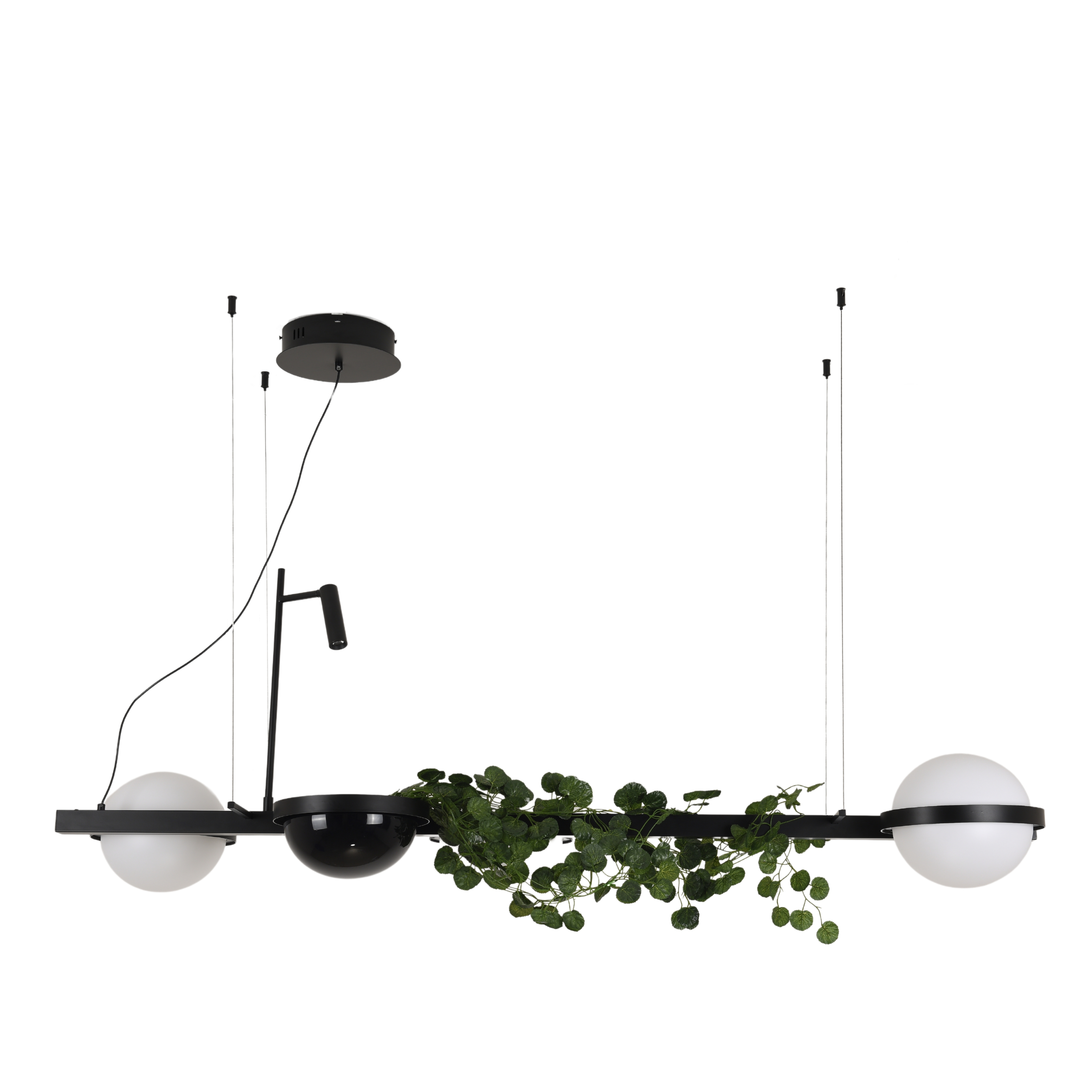 Garden Black Trio Globe with Dual Planter and Task Light Horizontal Pendant Light