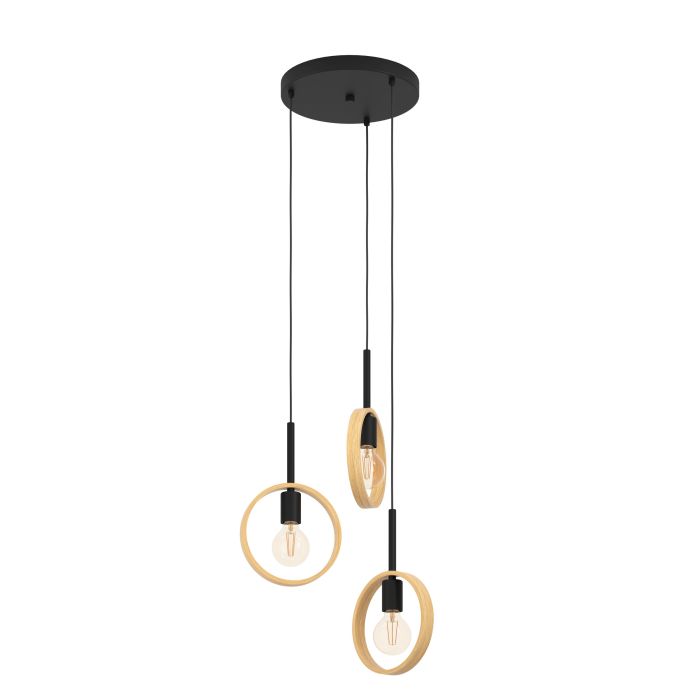 Ipsden 3 Light Black and Wooden Ring Cluster Pendant