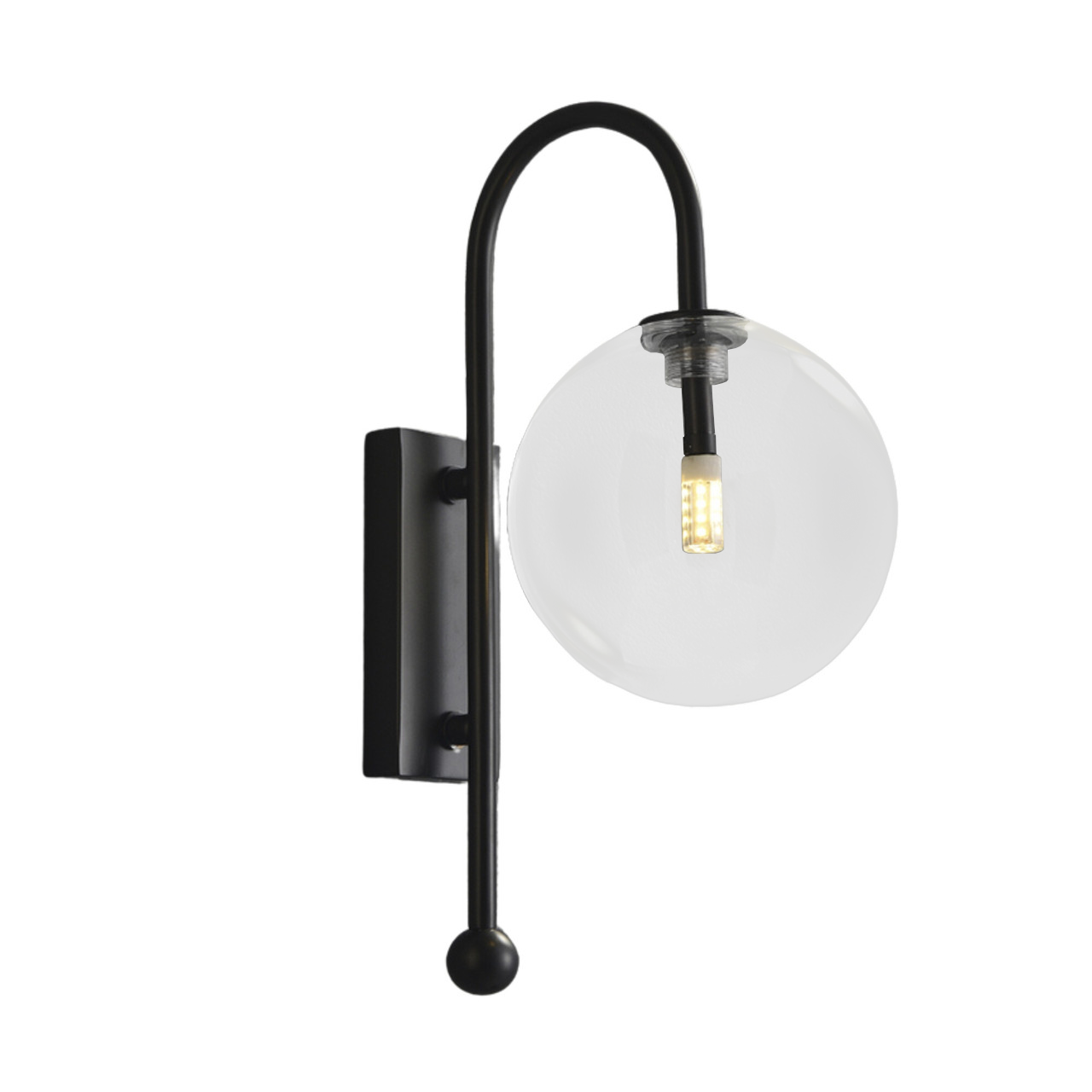 Vesta Black Curved Arm Clear Glass Wall Light