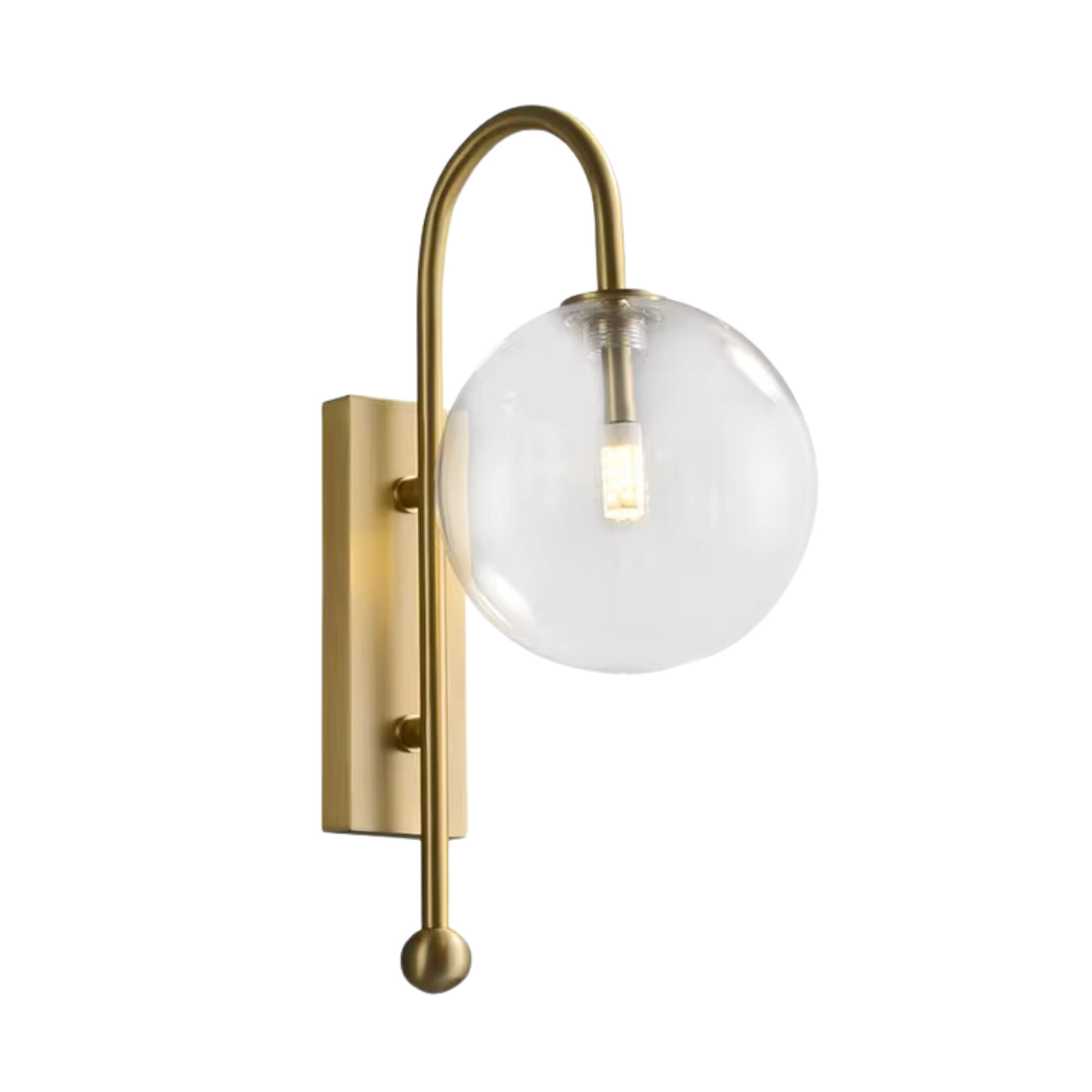 Vesta Brass Curved Arm Clear Glass Wall Light