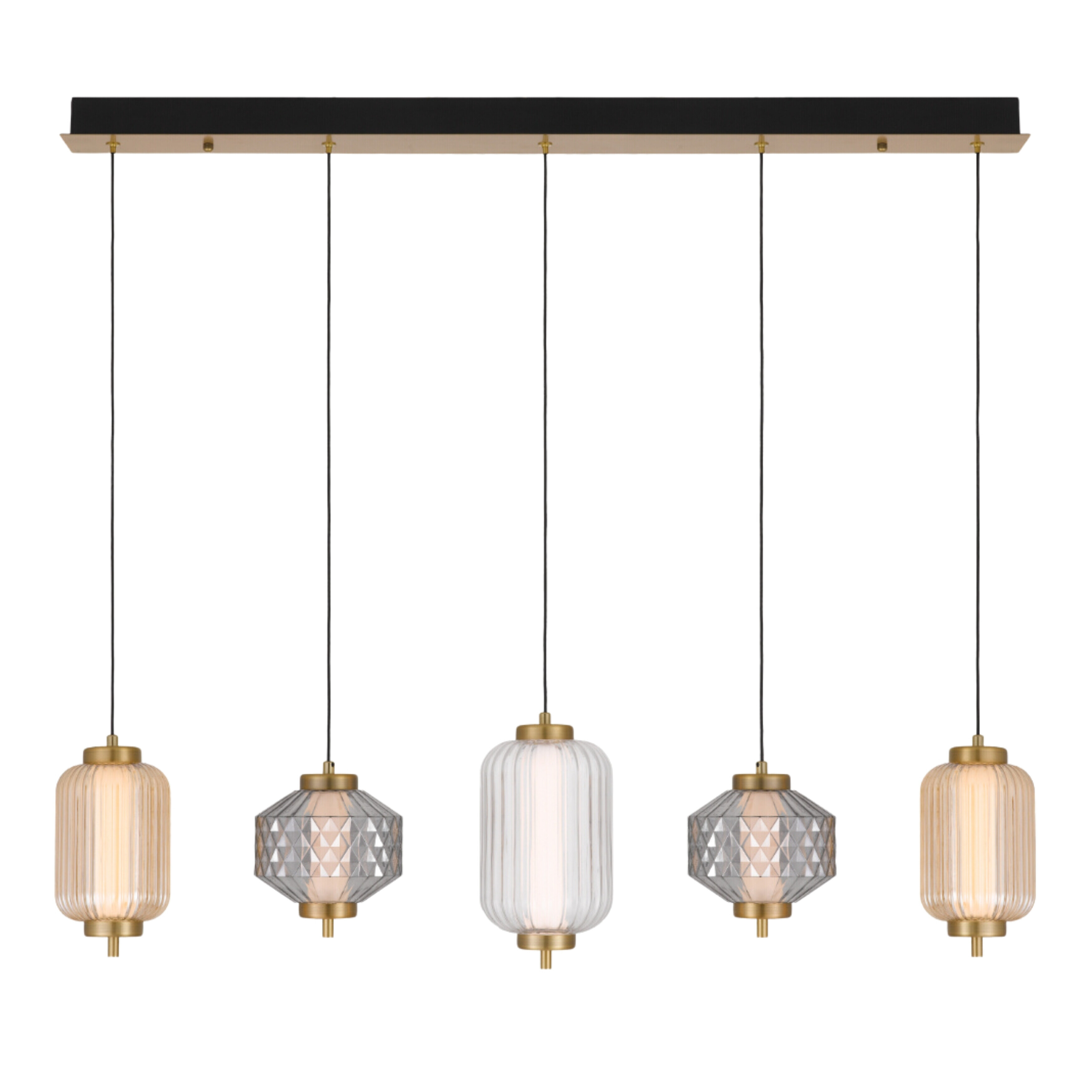 Toledo Five Light Multicoloured Glass Cluster Bar Brass Pendant