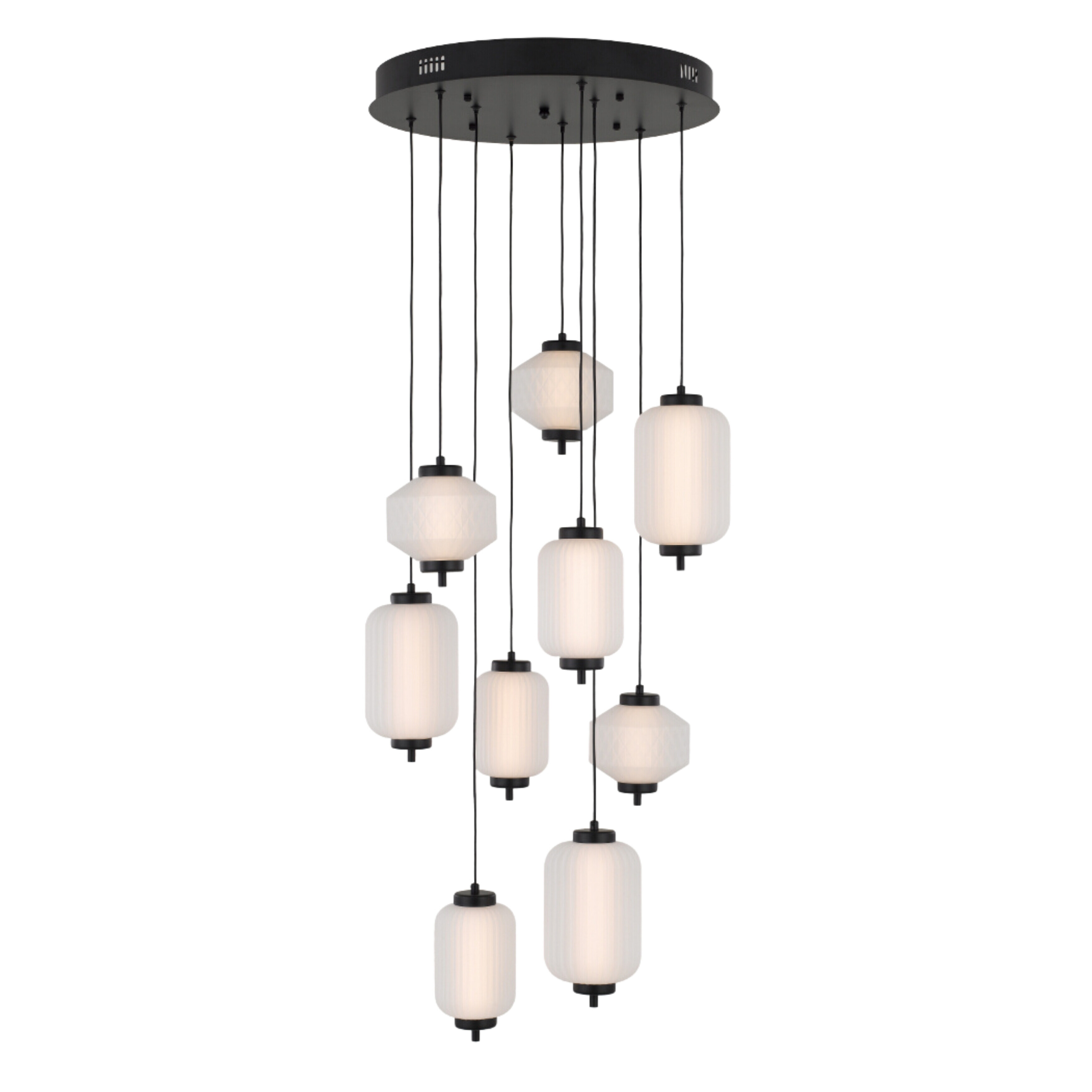 Toledo Nine Light Frosted Glass Round Cluster Matt Black Pendant
