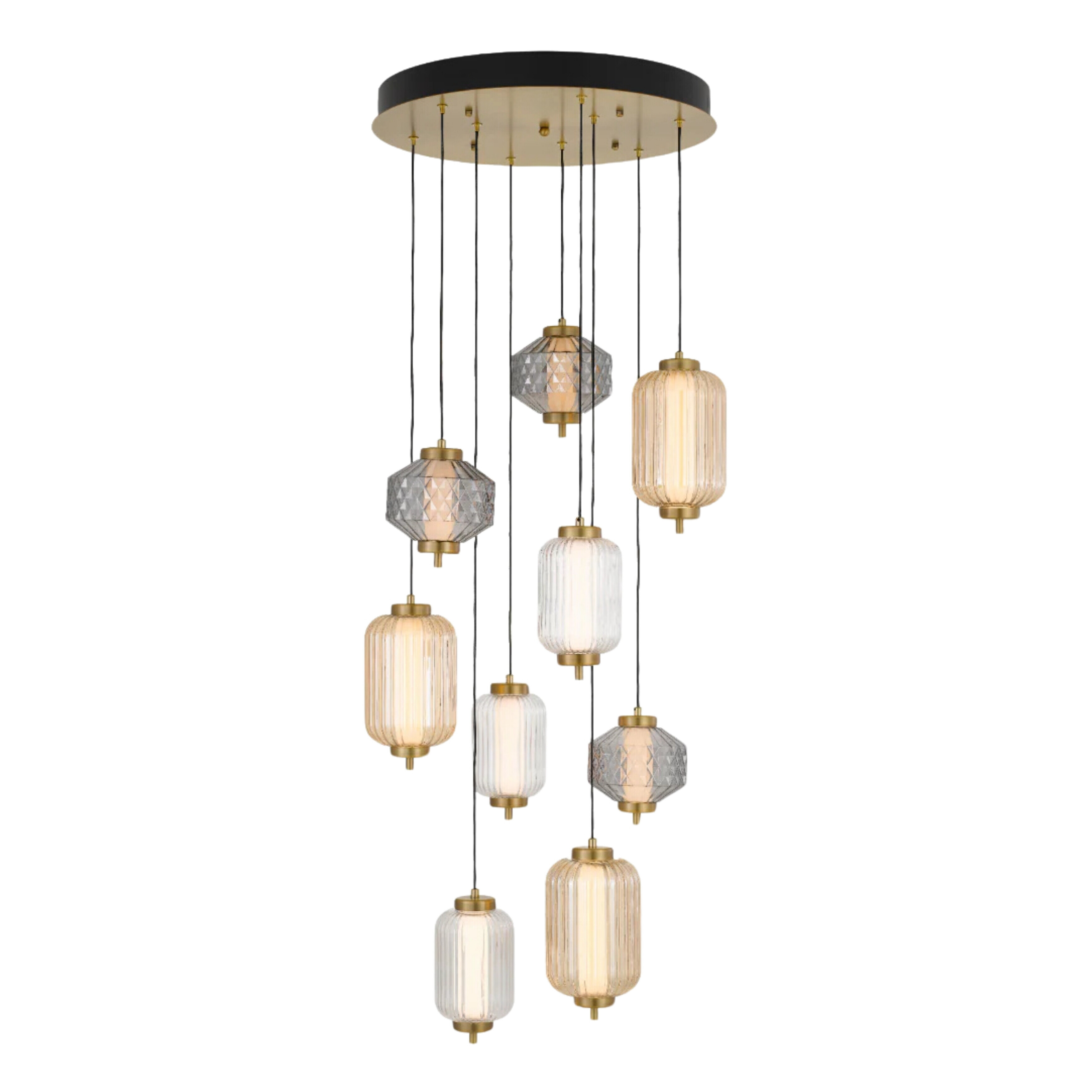 Toledo Nine Light Multicoloured Glass Round Cluster Brass Pendant