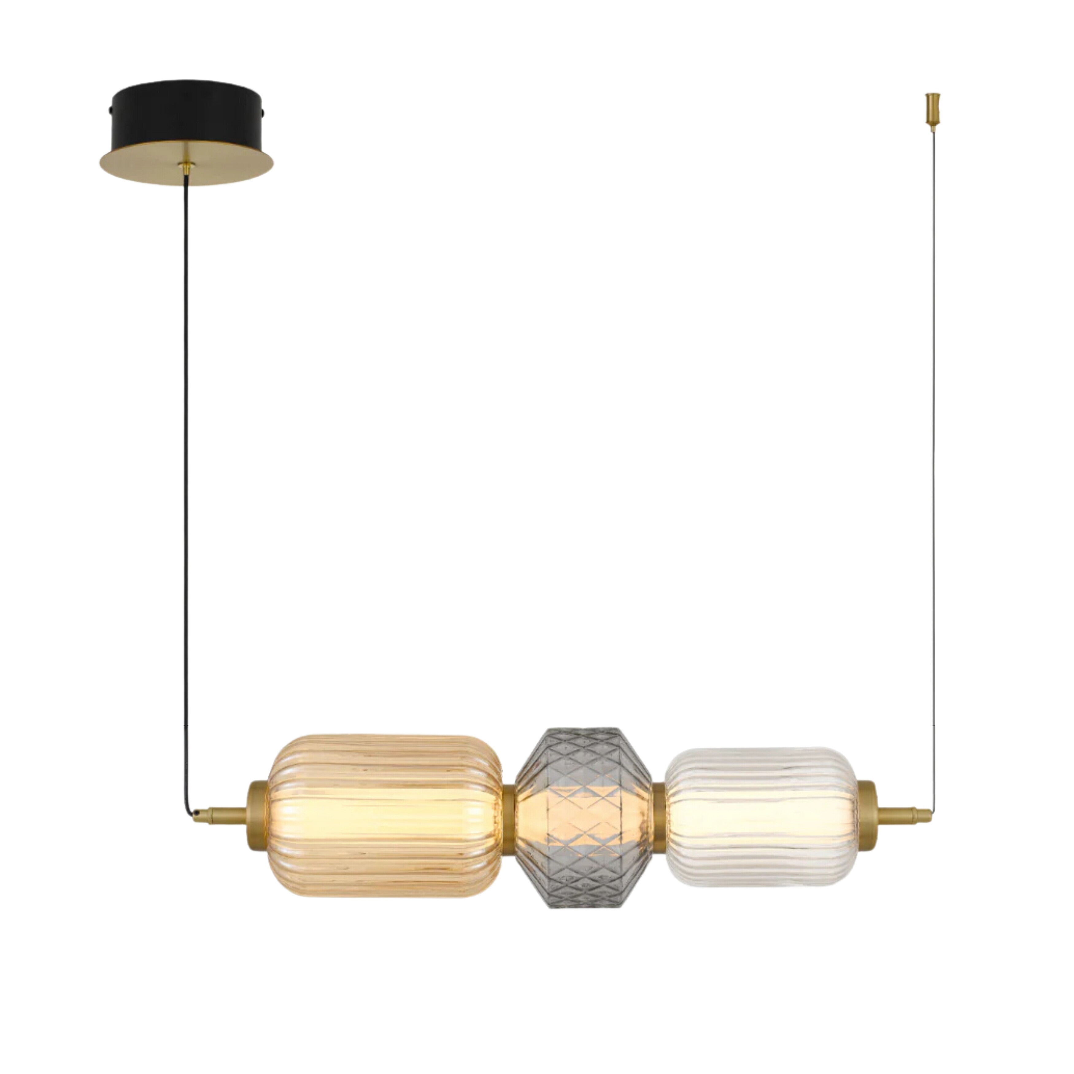 Toledo Three Light Multicoloured Glass Linear Bar Brass Pendant
