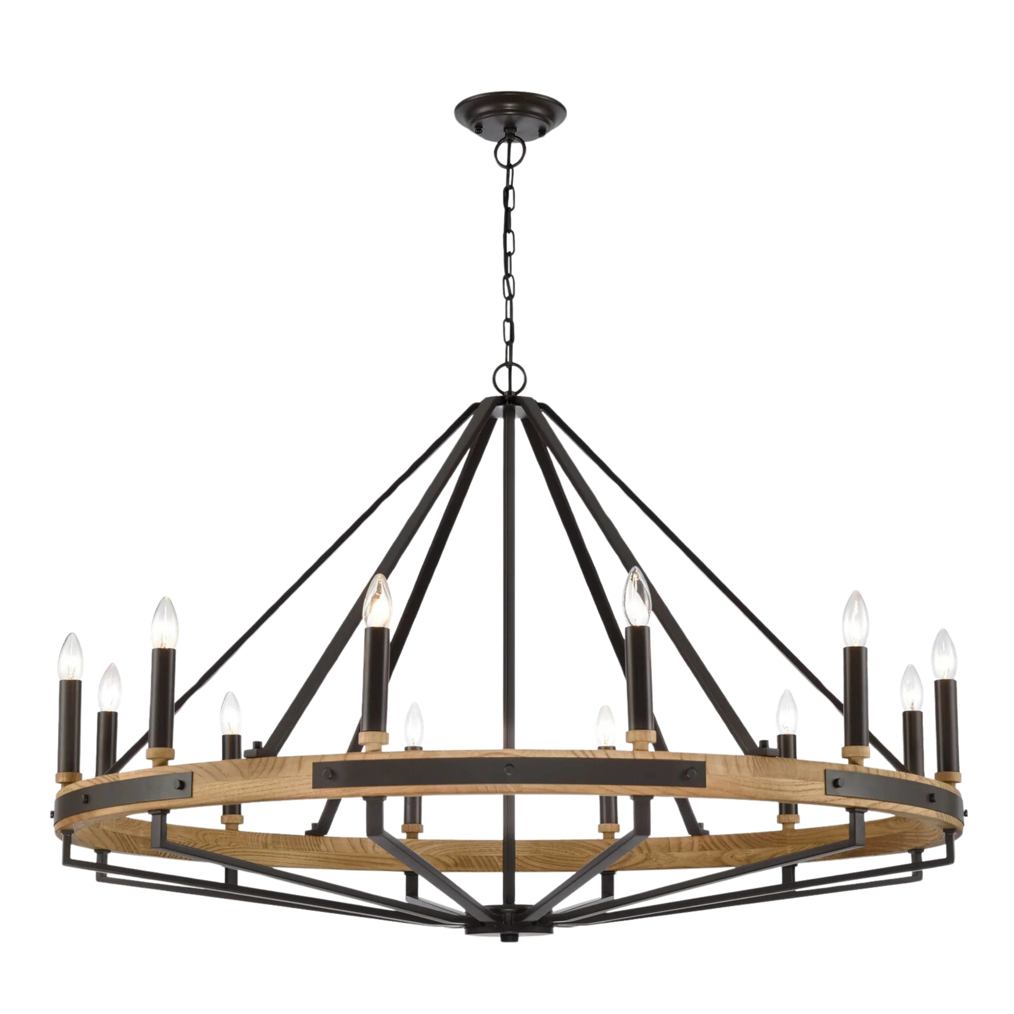 Ajax 12 Light Natural Wood and Oil Rubbed Bronze Candelabra Chandelier