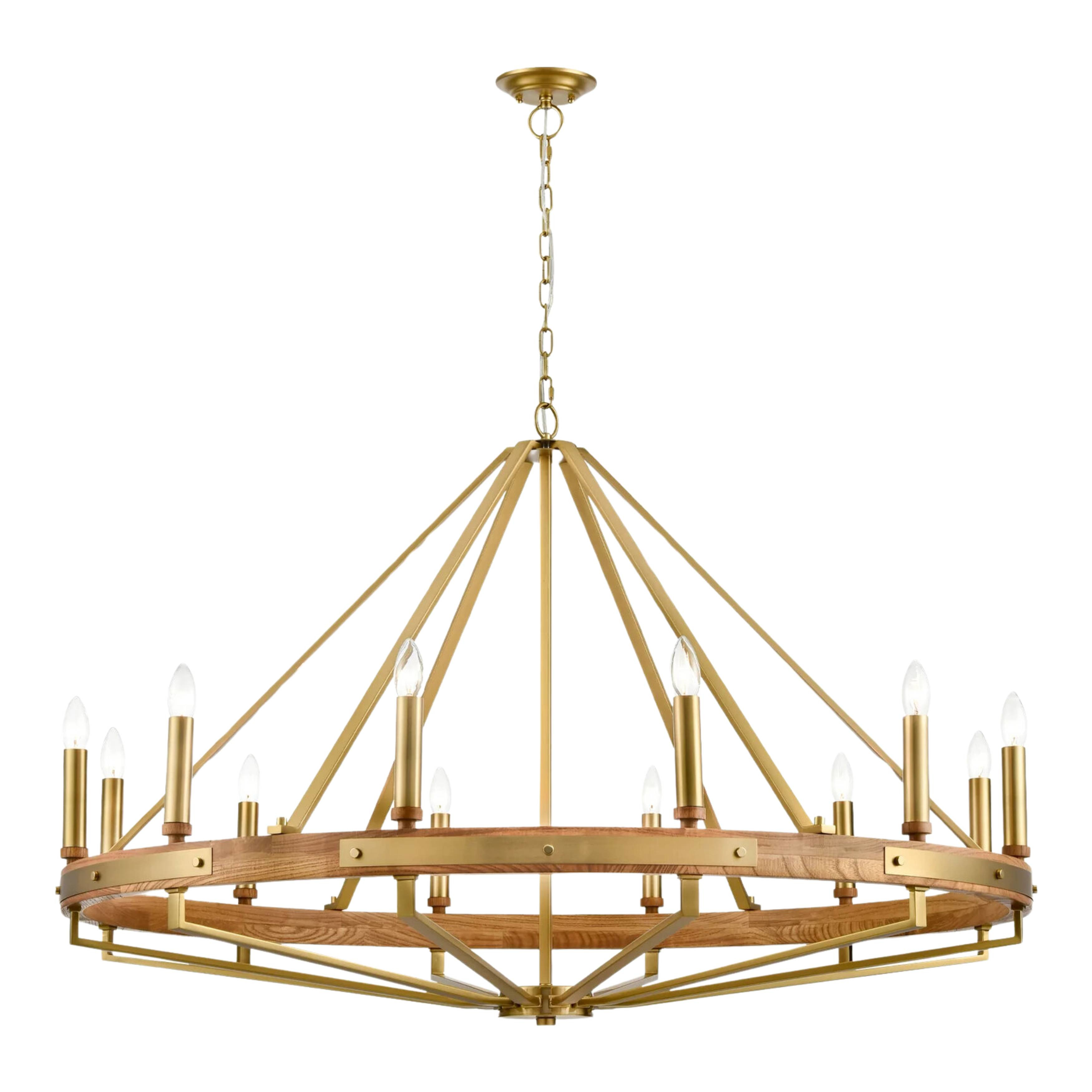 Ajax 12 Light Oak Wood and Satin Brass Candelabra Chandelier