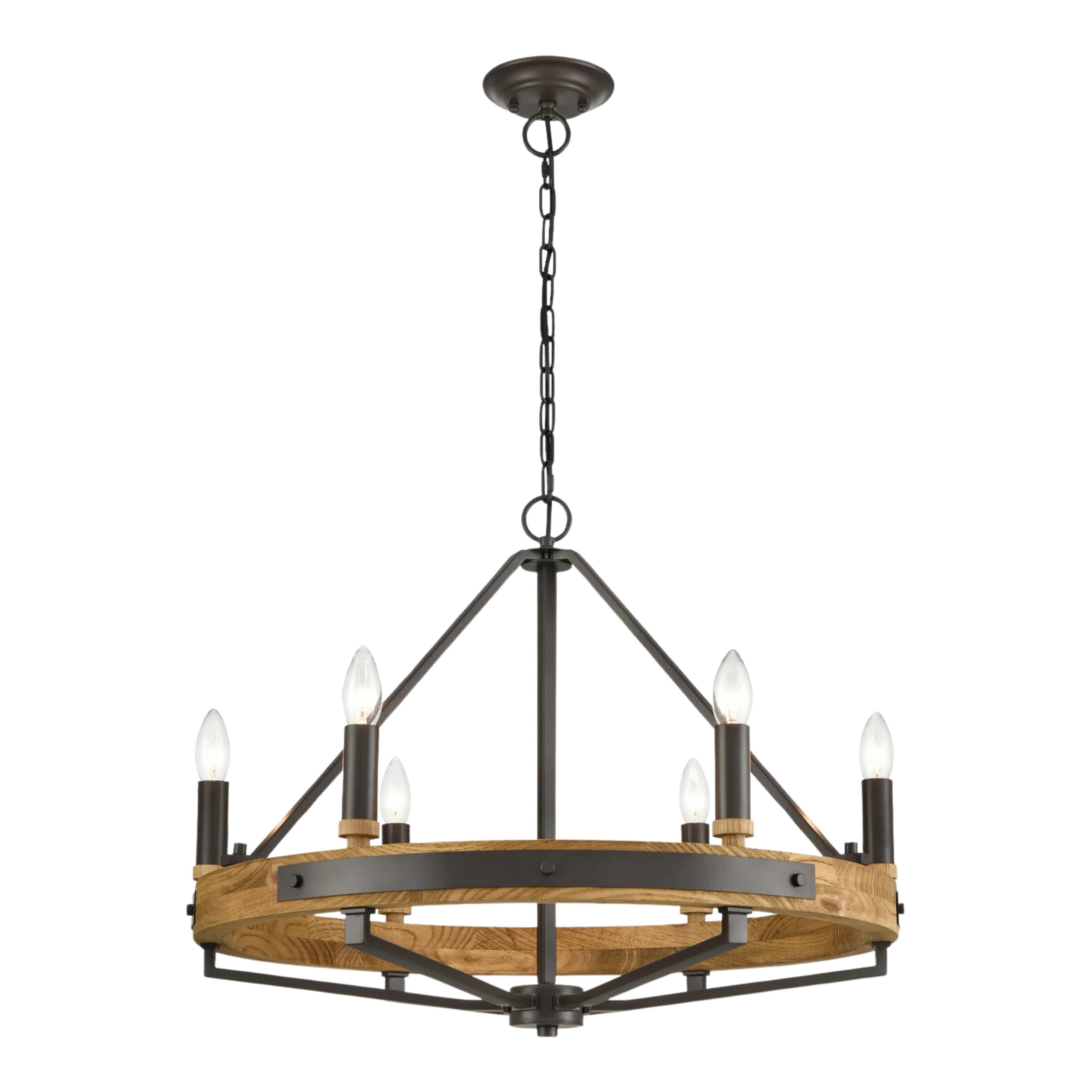 Ajax 6 Light Natural Wood and Oil Rubbed Bronze Candelabra Chandelier