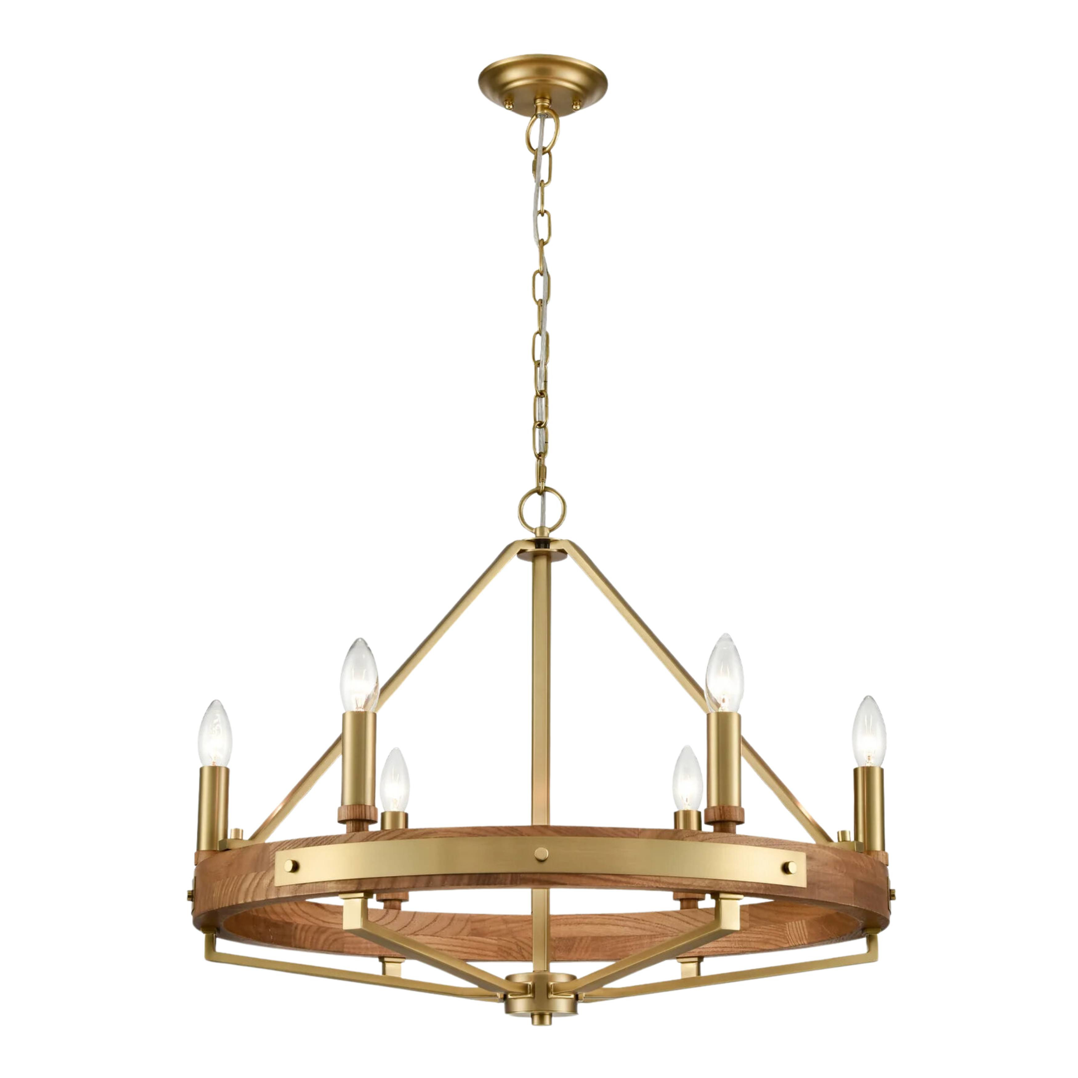 Ajax 6 Light Oak Wood and Satin Brass Candelabra Chandelier