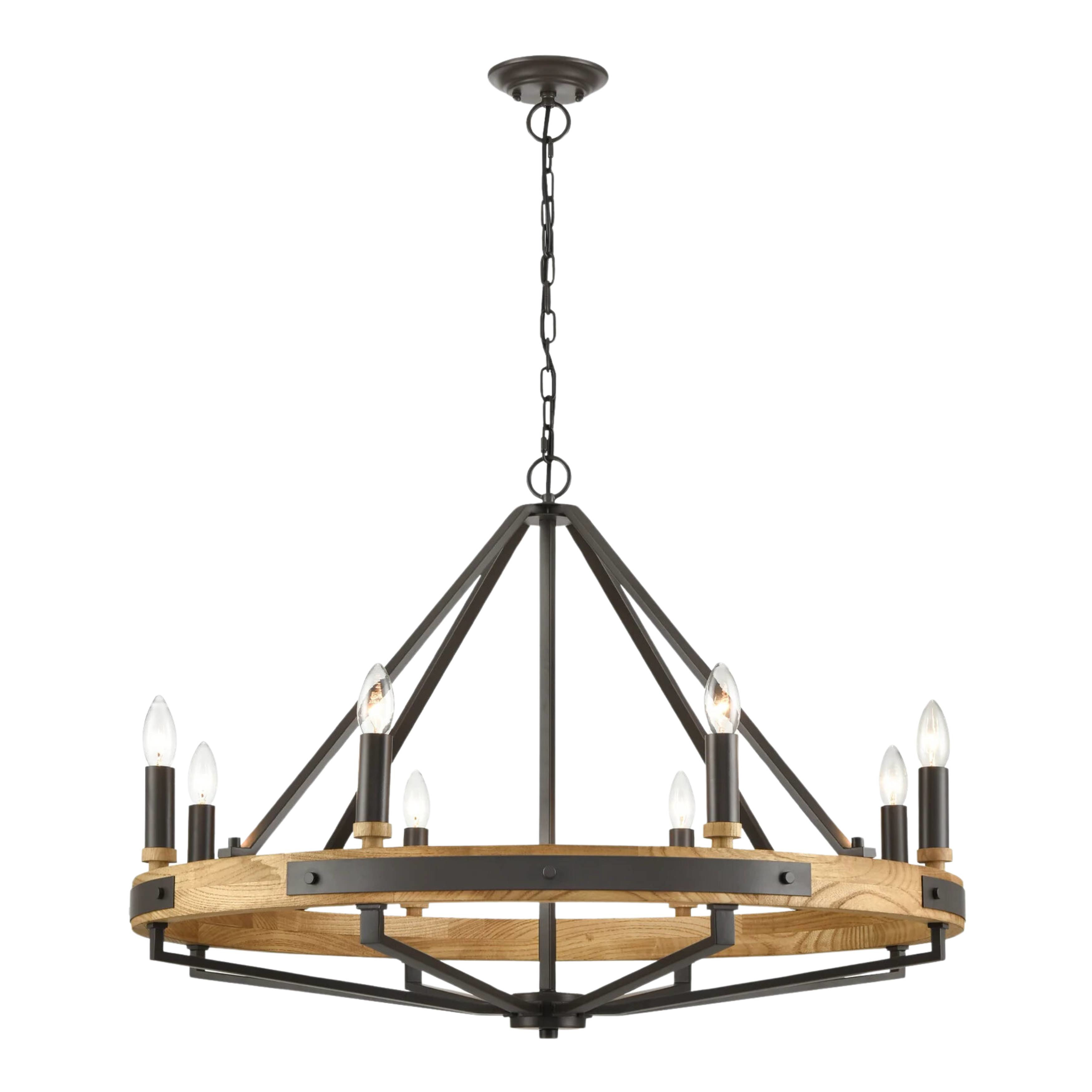 Ajax 8 Light Natural Wood and Oil Rubbed Bronze Candelabra Chandelier