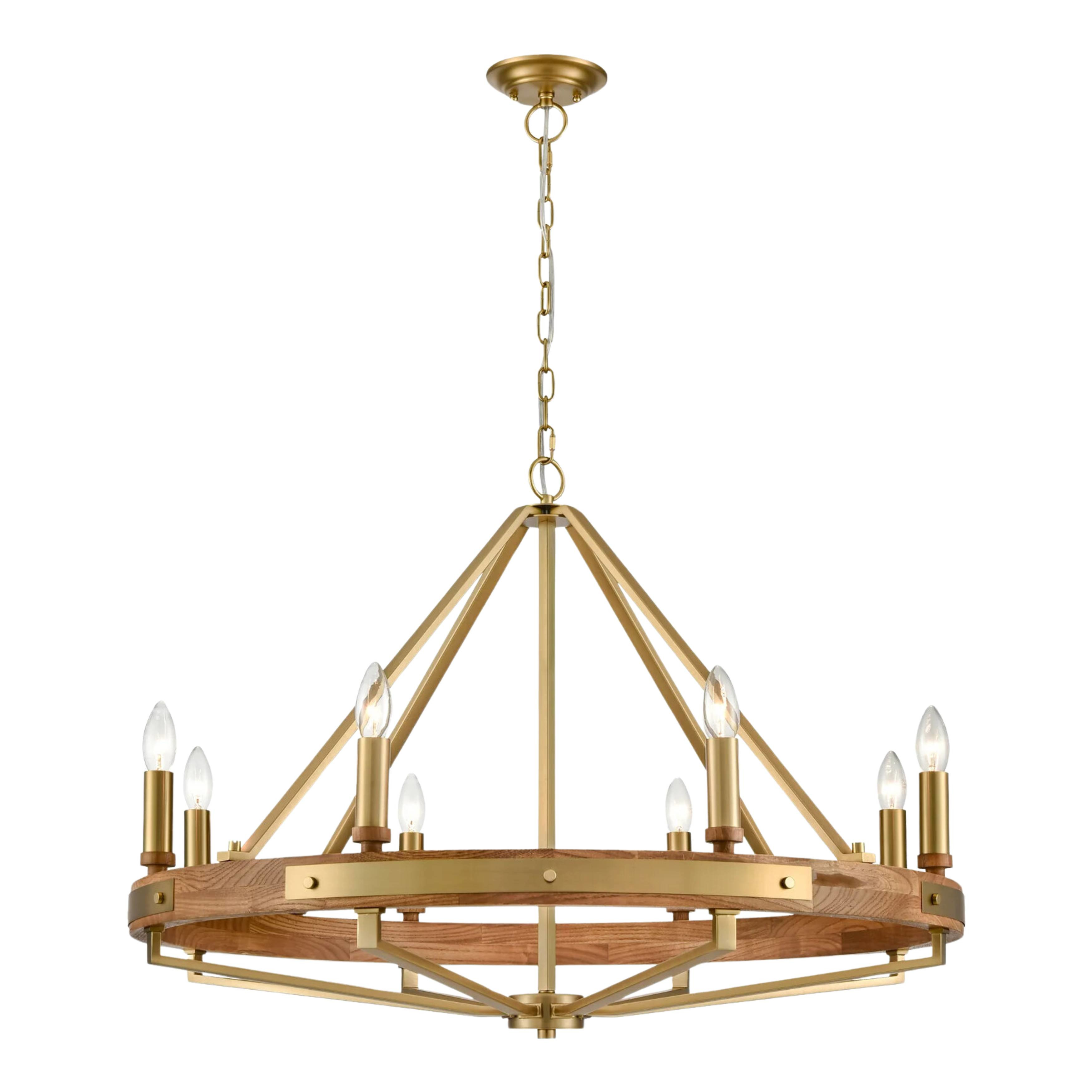 Ajax 8 Light Oak Wood and Satin Brass Candelabra Chandelier