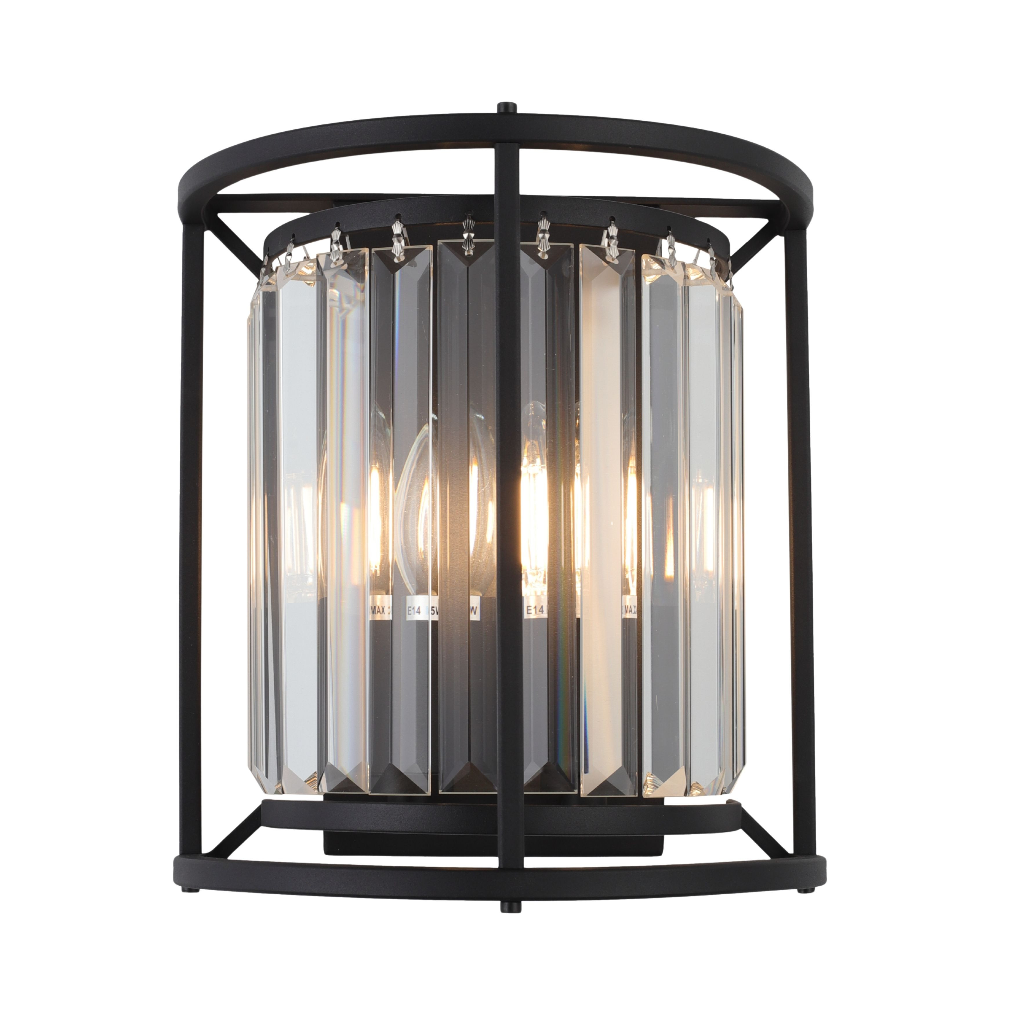 Amelia 2 Light Clear Crystal Prism Black Wall Light