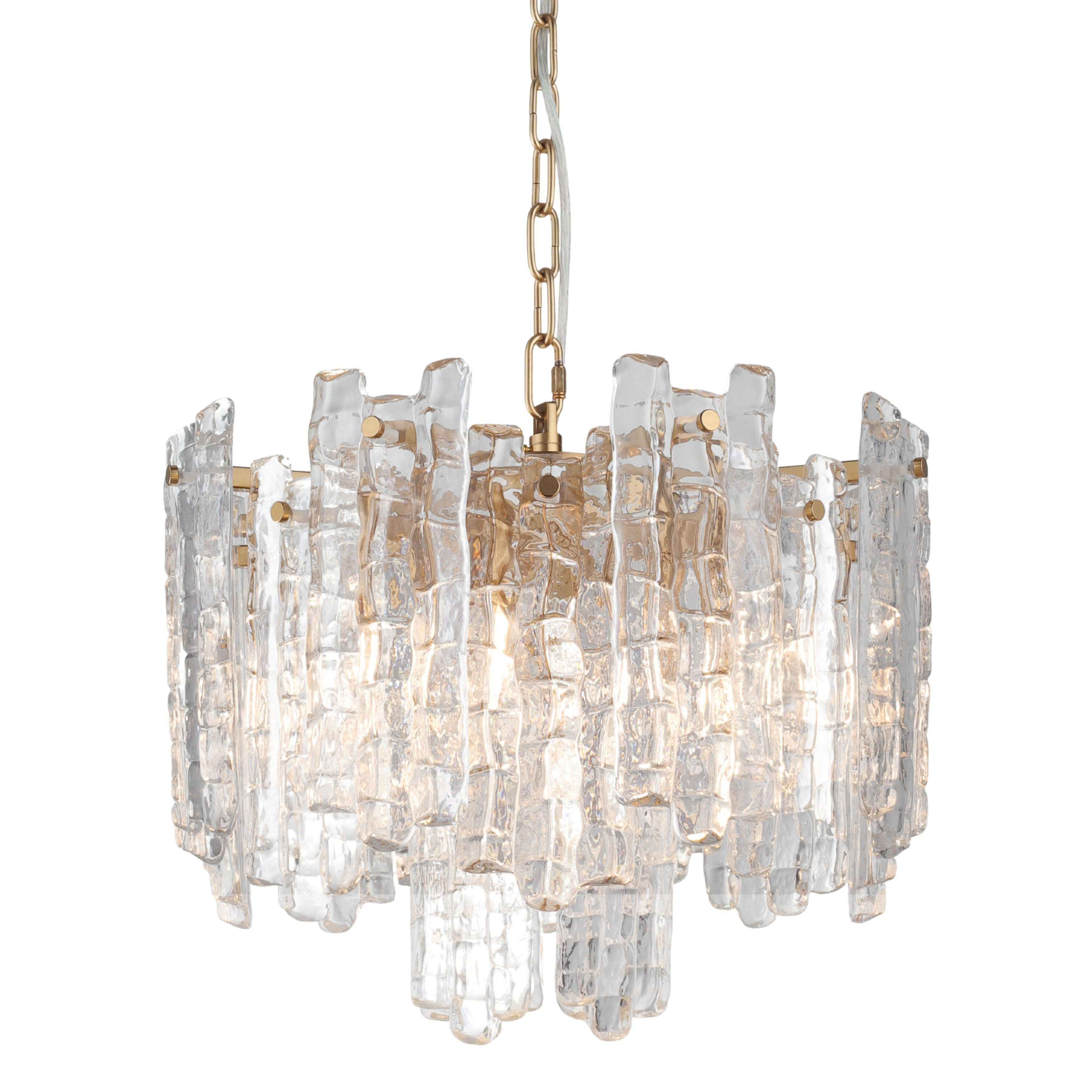 Riviera 5 Light Clear Ice Glass Gold Pendant Light