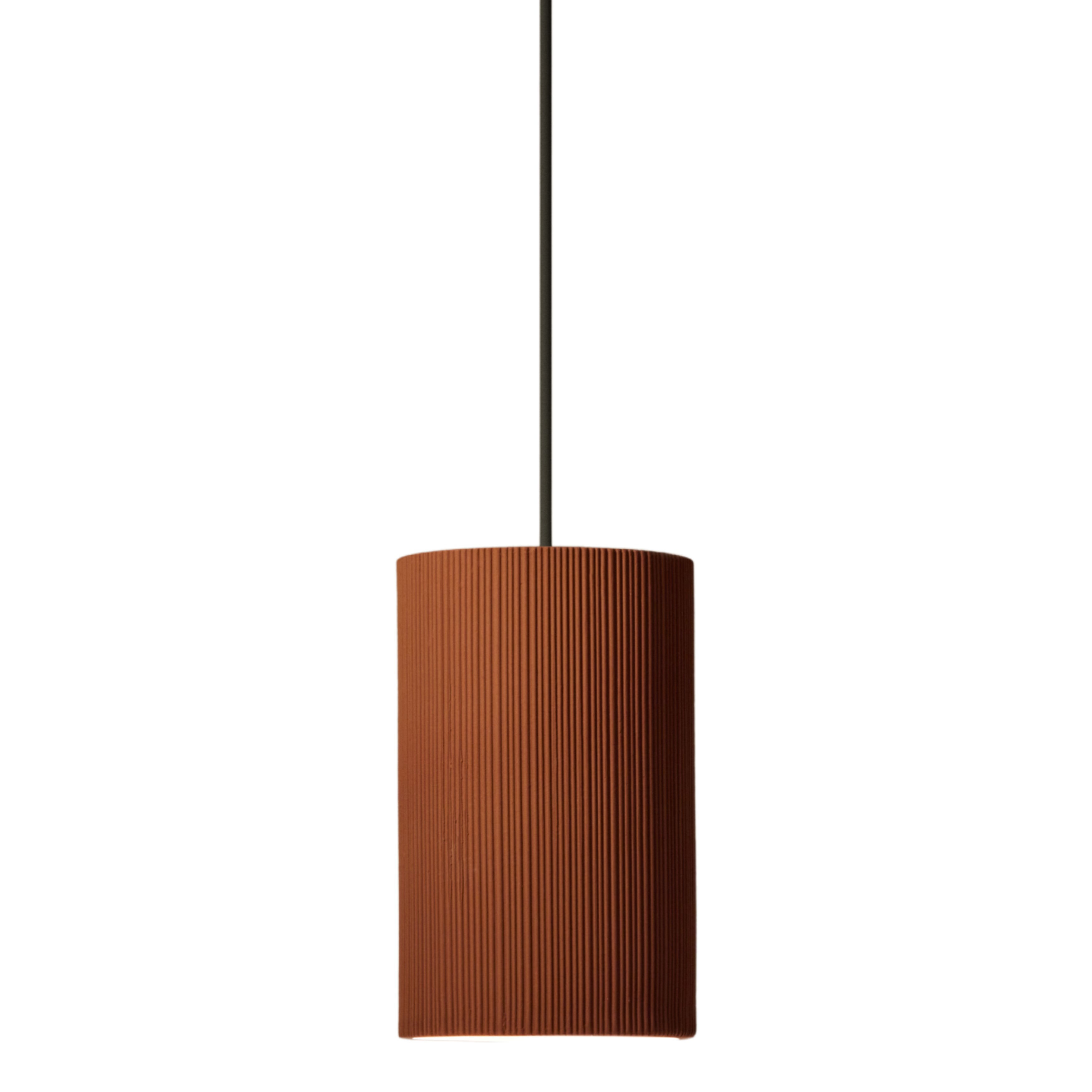 Terra Dark Terracotta Textured Lines Clay Cylinder Pendant Light