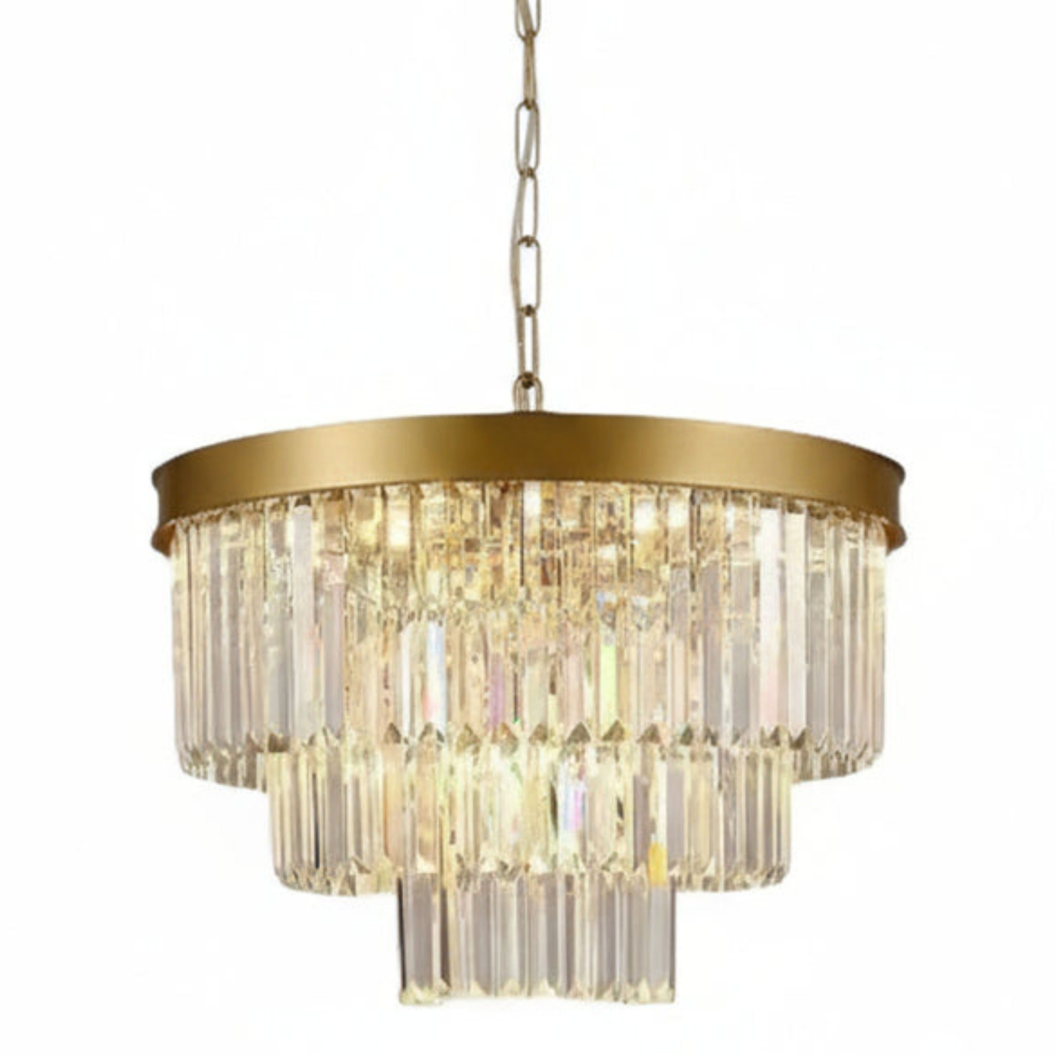 Tajimi 6 Light Three Tiered Crystal Round Chandelier - Brass