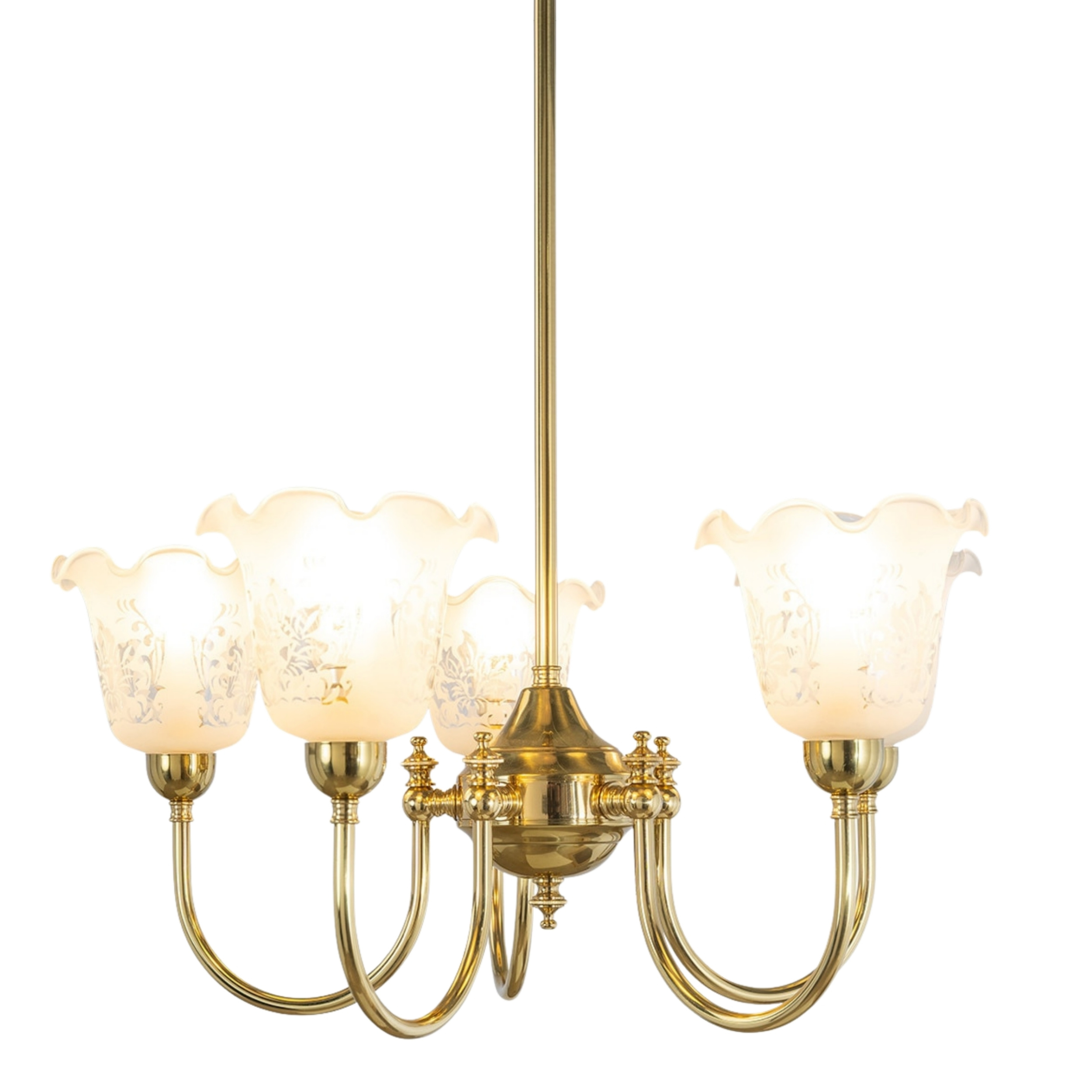 Luke 5 Light Etched Flower Glass Uplight Pendant - Brass