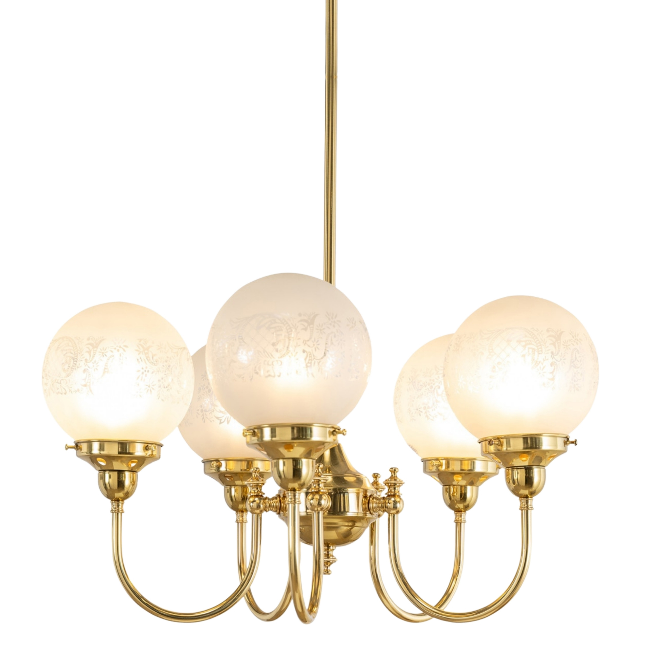 Luke 5 Light Round Etched Glass Uplight Pendant - Brass