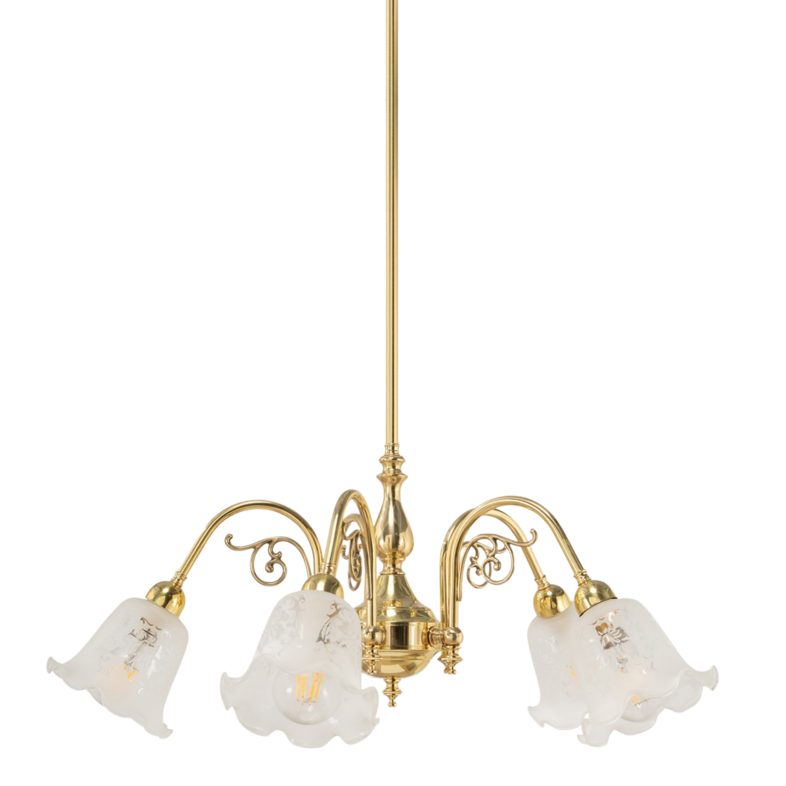 Victoriana 5 Light Etched Flower Glass Rod Pendant - Brass