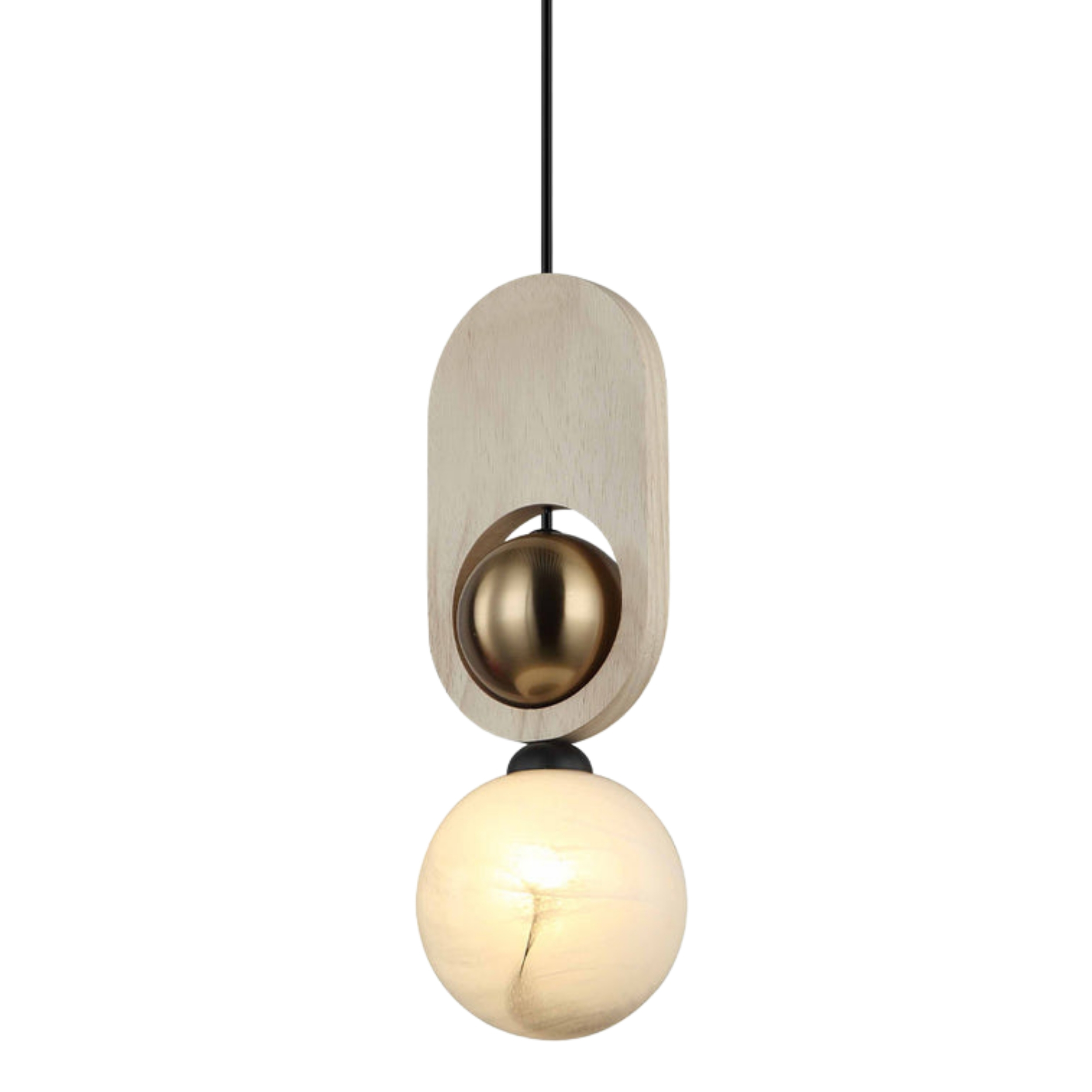 Pelverata Brass Wood Opal Glass Pendant - Natural Wood